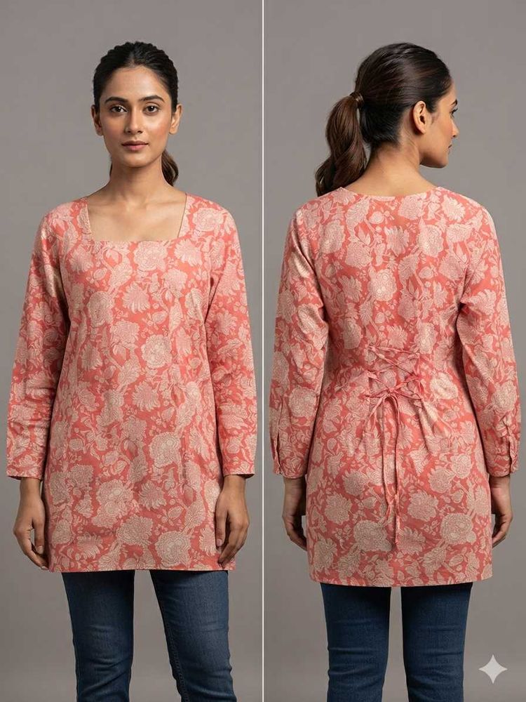 Women's Coral Peach Floral Printed Cotton Kurti |