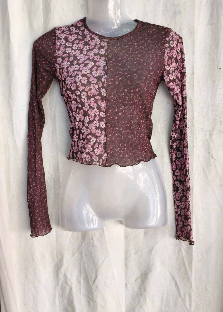 I. Sheer Floral Print Long Sleeve Top