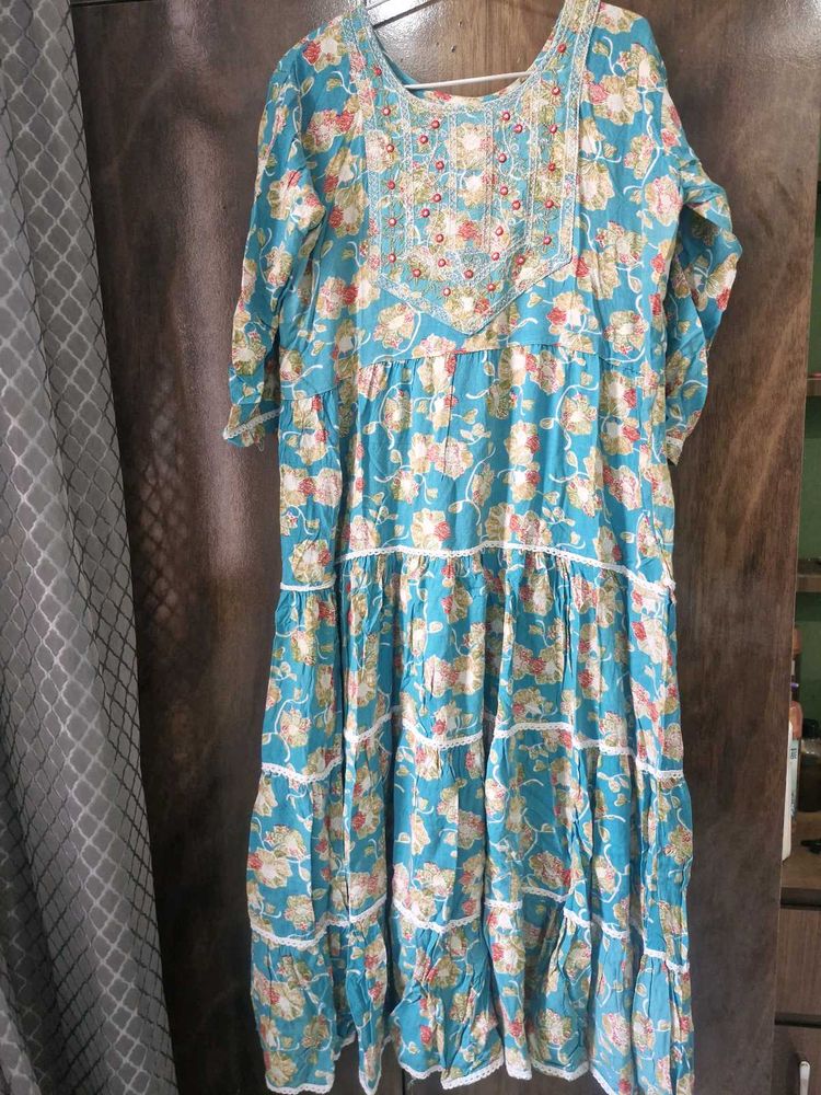 Sea Green Floral Tiered Cotton Kurta
