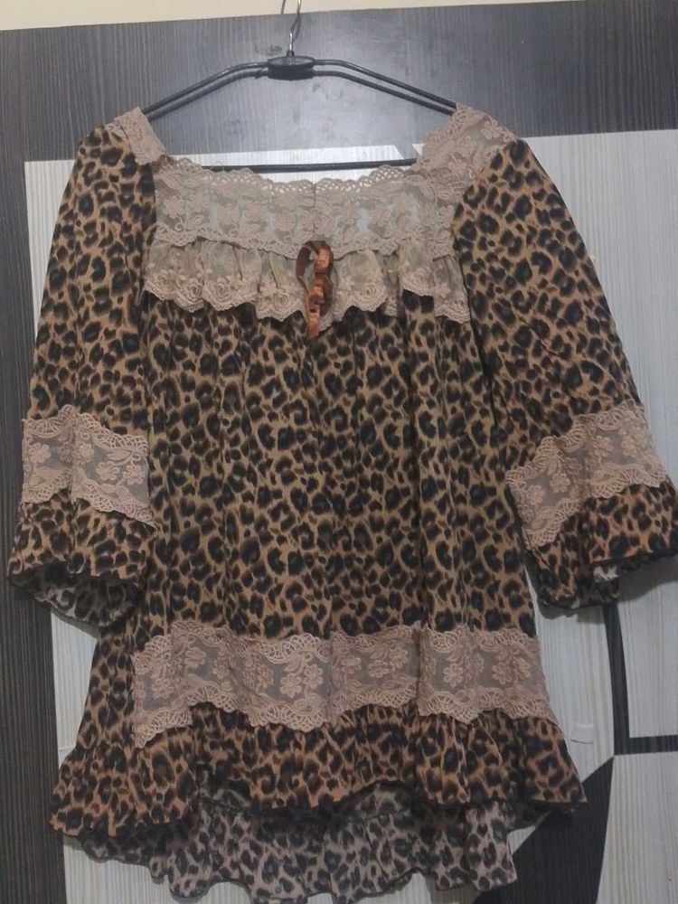 whimsical Leopard Print Lace Tunic Top