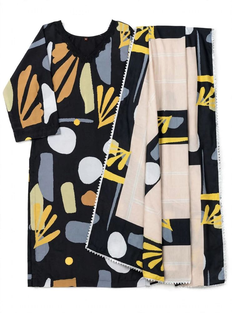 Black Abstract Print Kurta Set