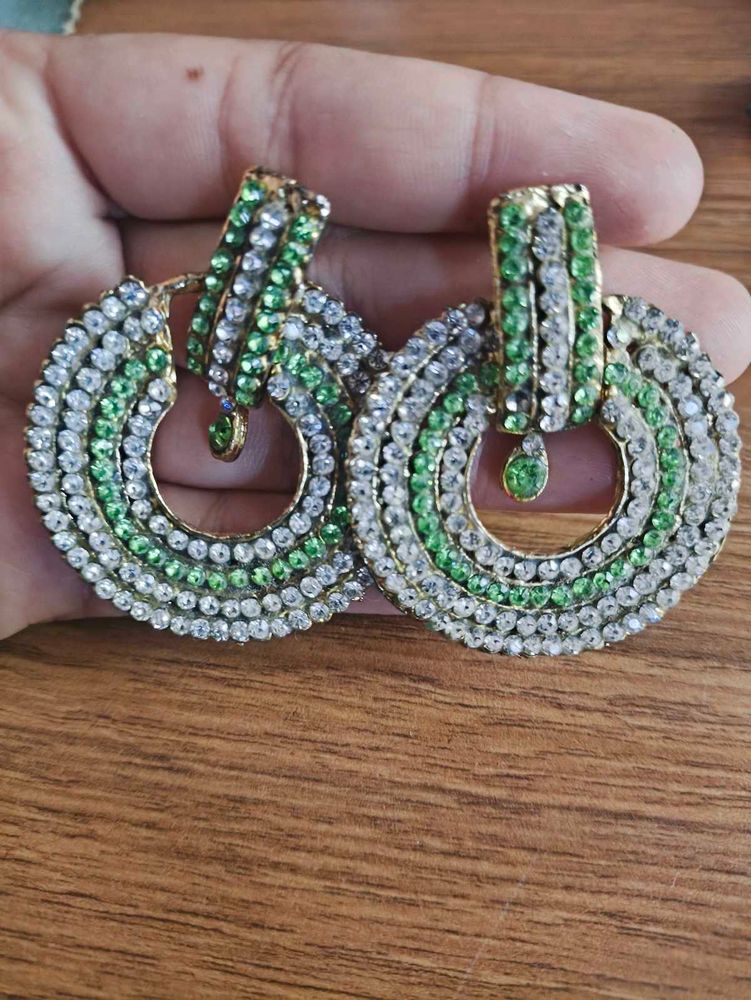 Sparkling Green &amp; White Gemstone Hoop Earrings