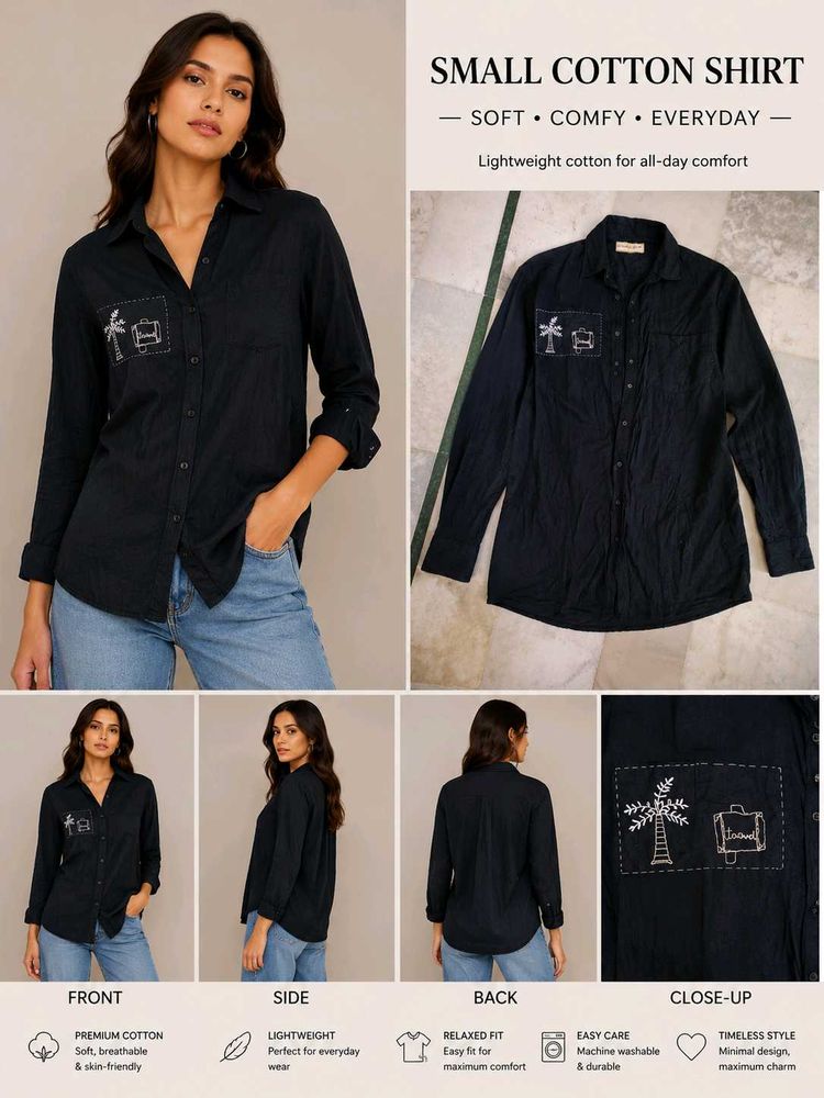 Black Cotton Button-Up Shirt with Embroidery