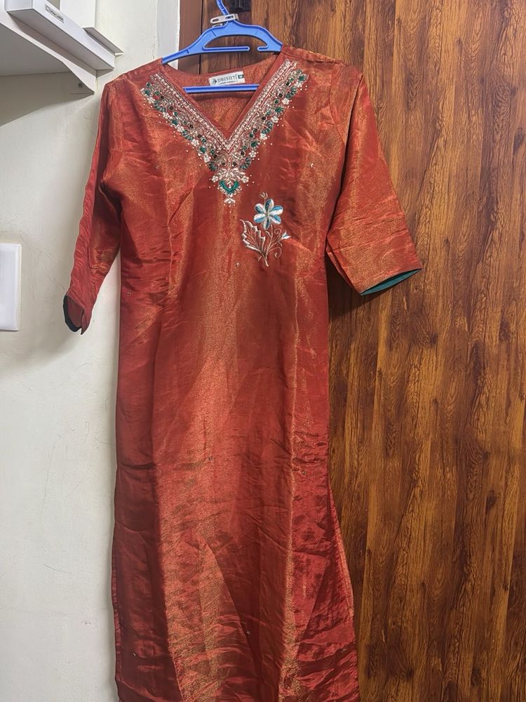 Embroidered Orange Silk Kurta