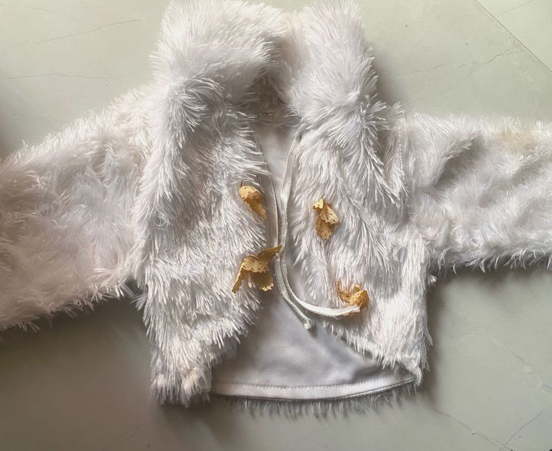 White Faux Fur Ethnic Jacket