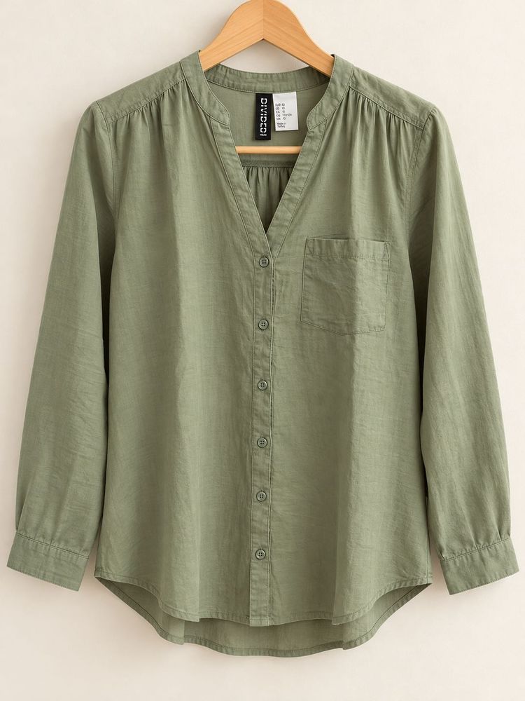 Green V-Neck Button-Up Shirt