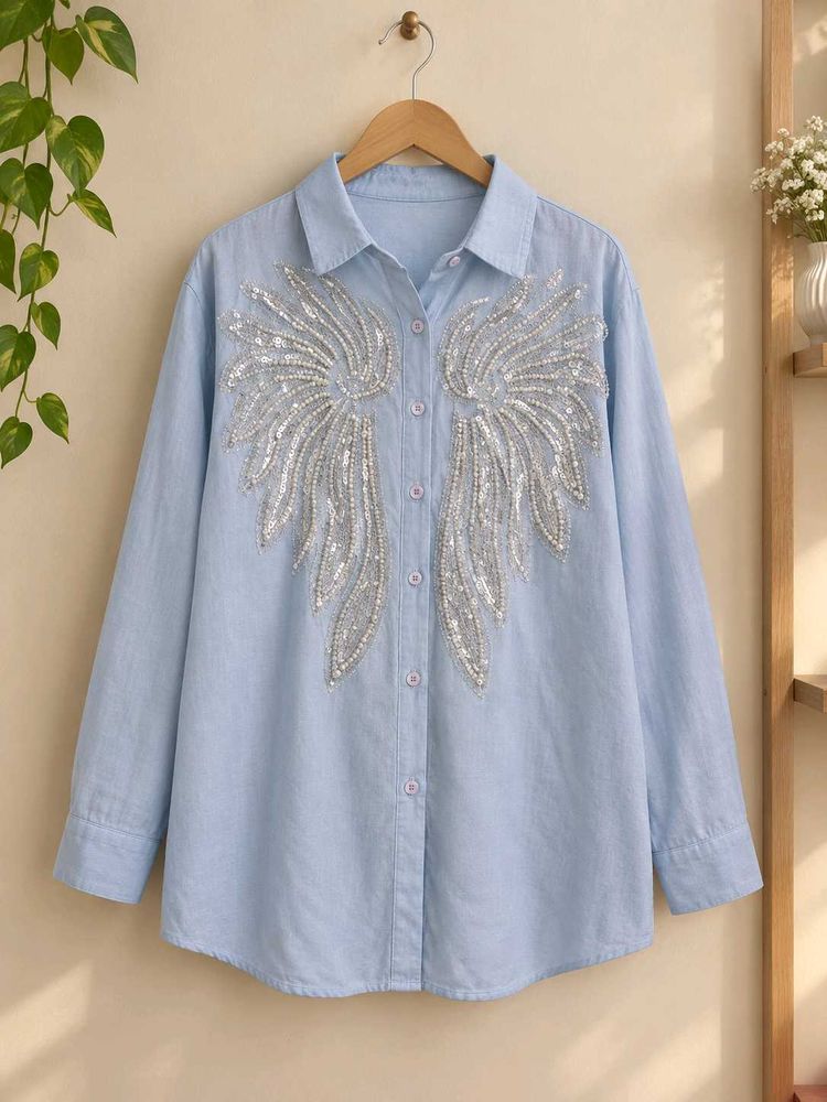 Light Blue Sequin Wing Button-Up Shirt