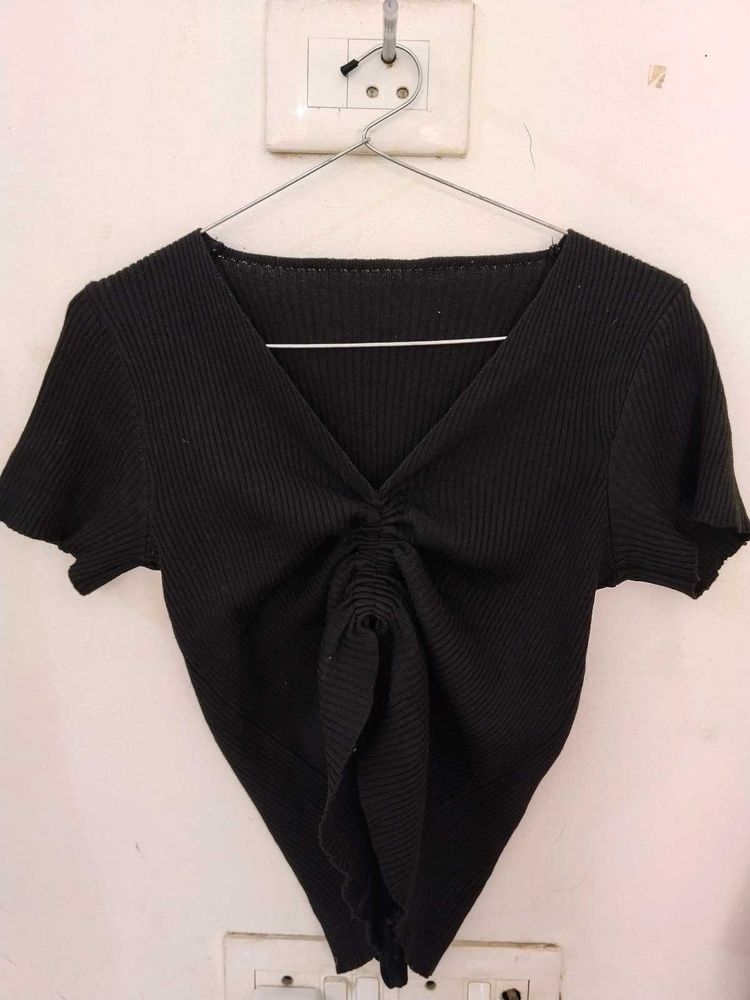 Black Ribbed Ruched V-Neck Top