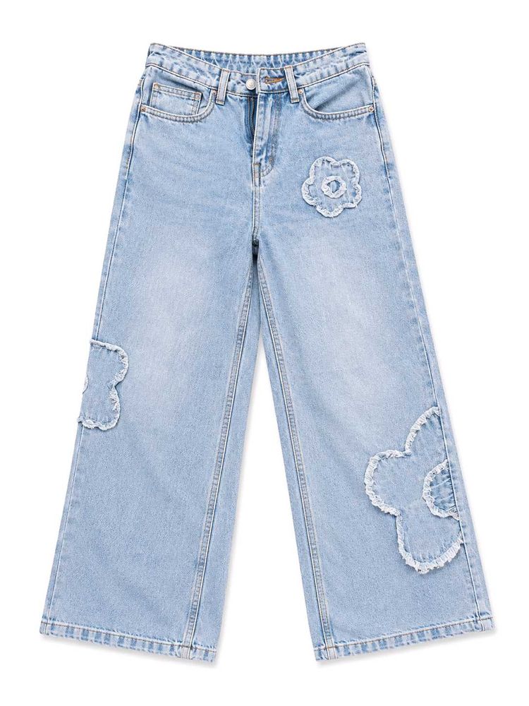 Light Wash Wide Leg Jeans with Flower Appliques