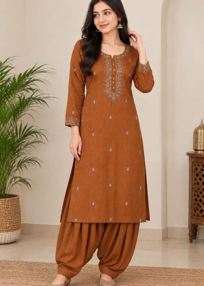 Elegant Brown Embroidered Kurta with Patiala Pants