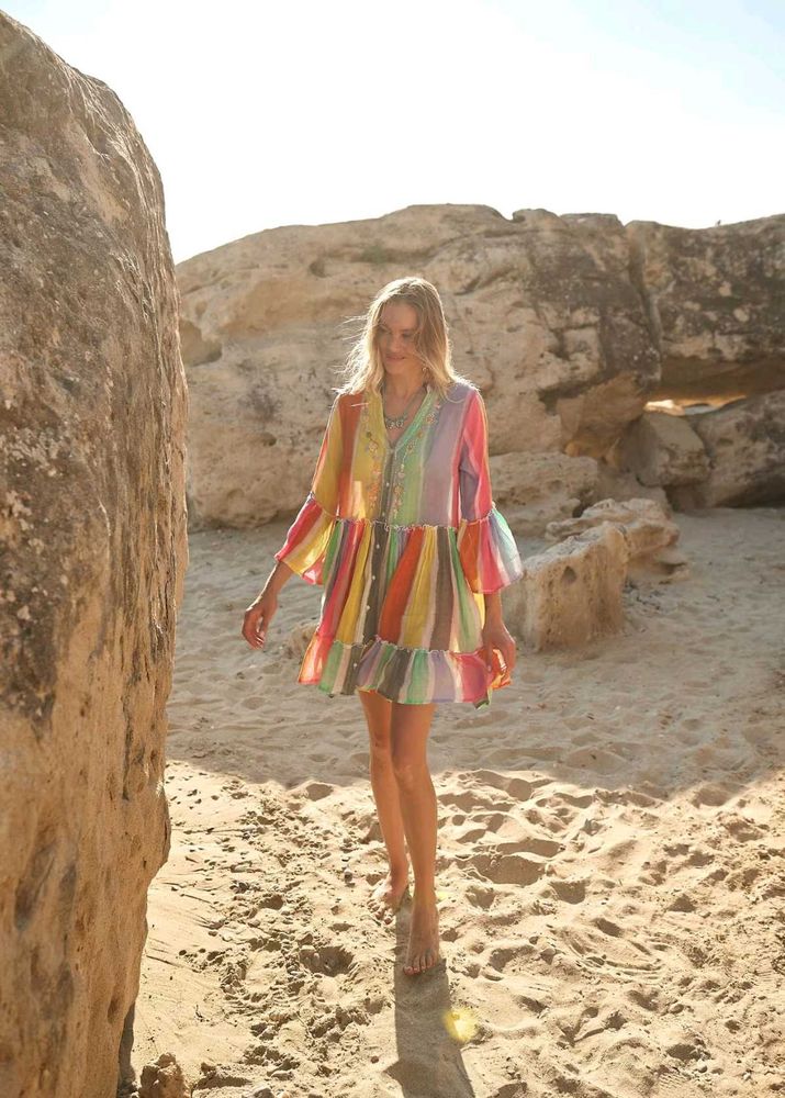 Boho Rainbow Striped Embroidered Kurta