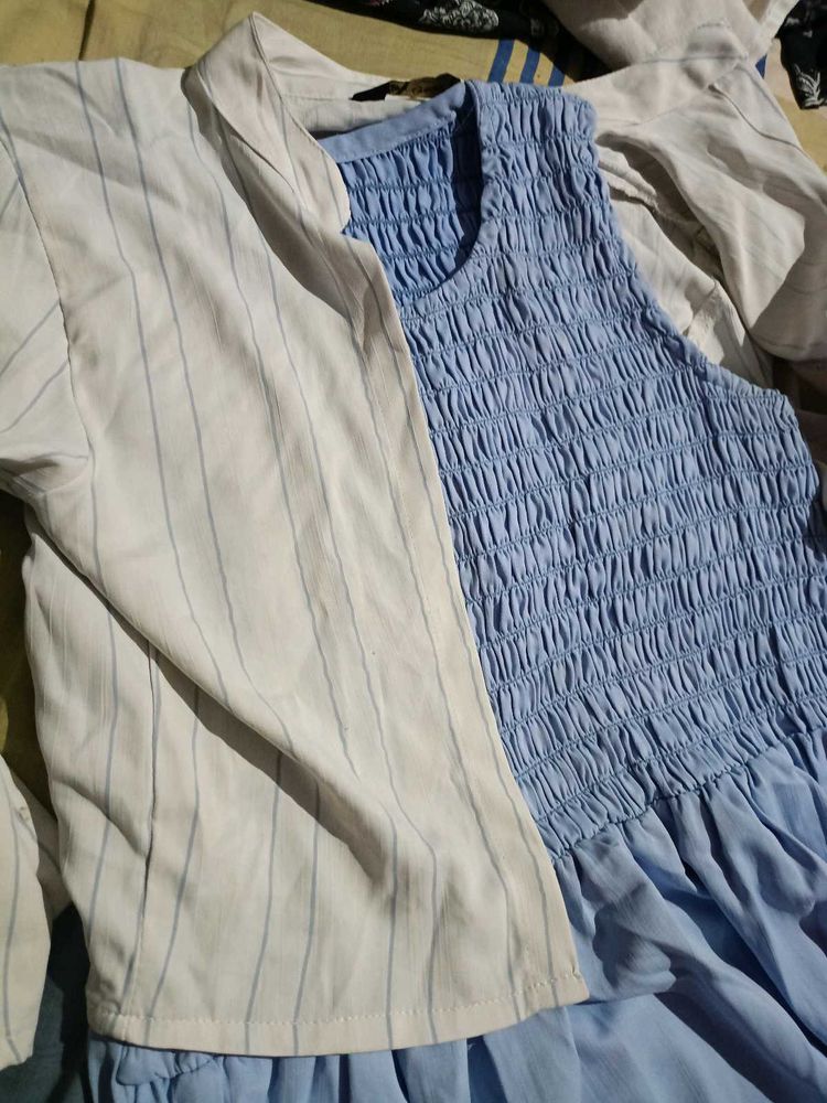 Light Blue Smocked Dress with Striped Overlay