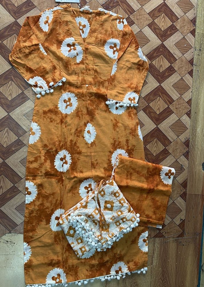 Orange Tie-Dye Kurta Set with Pom-Pom Trim