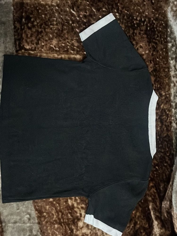 Chic Black T-Shirt with White Trim &amp; Embellishment