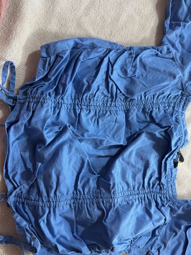 Blue Tie-Up Crop Top