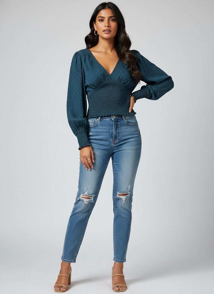 Chic Black Smocked V-Neck Top