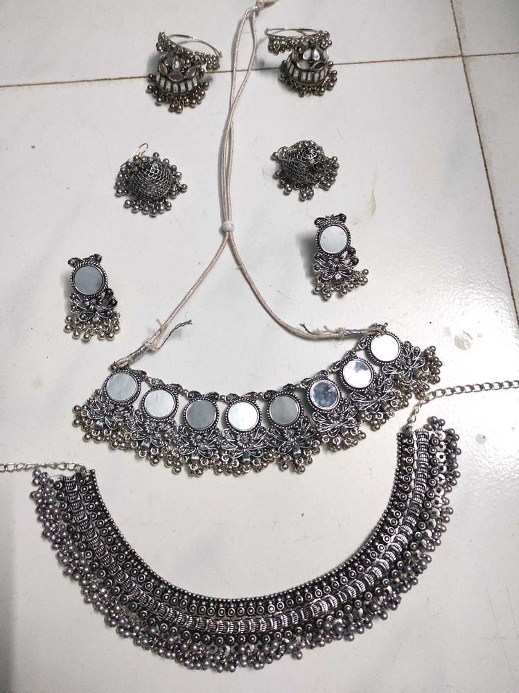 Combo Oxidized Silver Mirror Work Jewelry Set