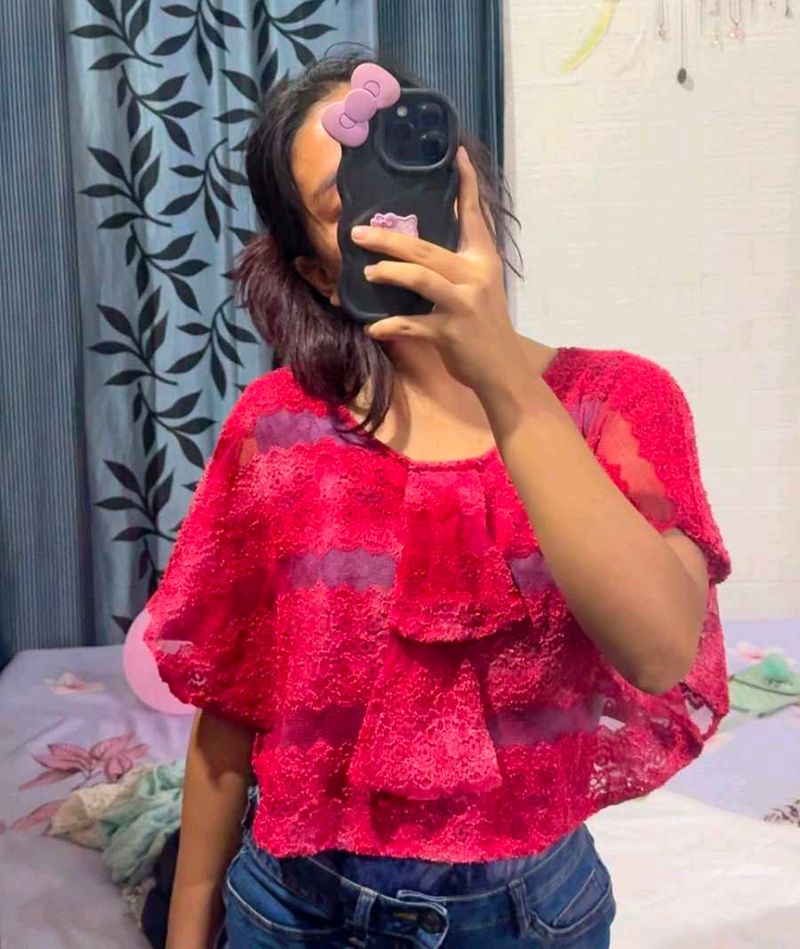 Chic Pink Lace Ruffled Crop Top
