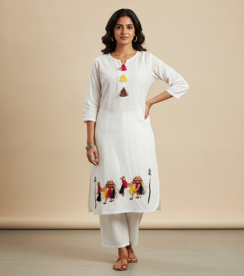White Kurta Set with Camel Embroidery