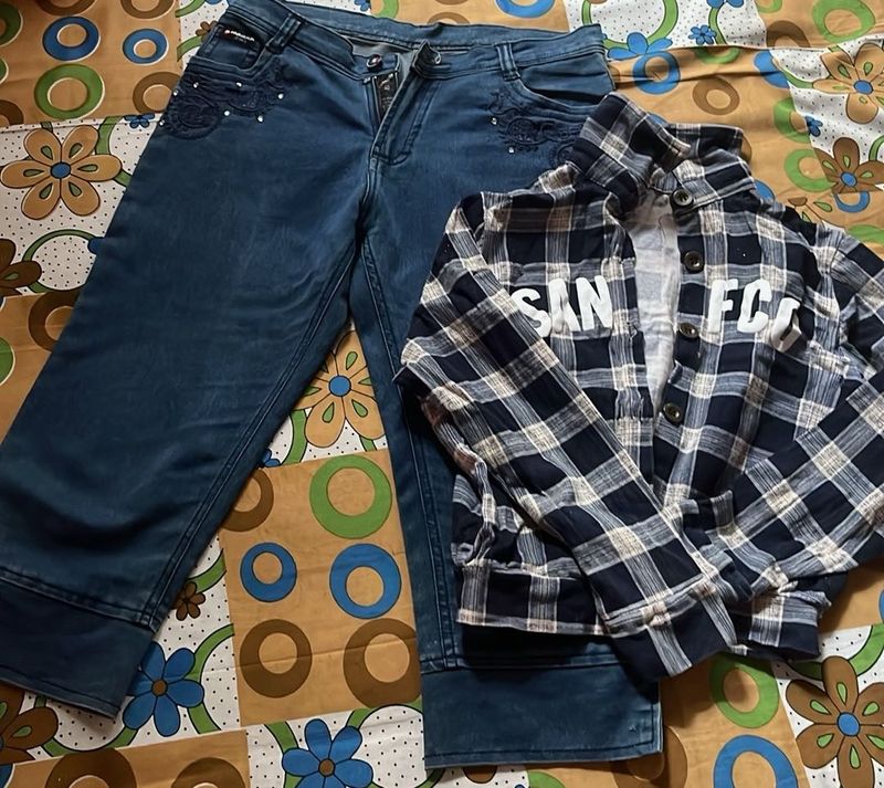 Blue Denim Capris &amp; Plaid Shirt Set combo