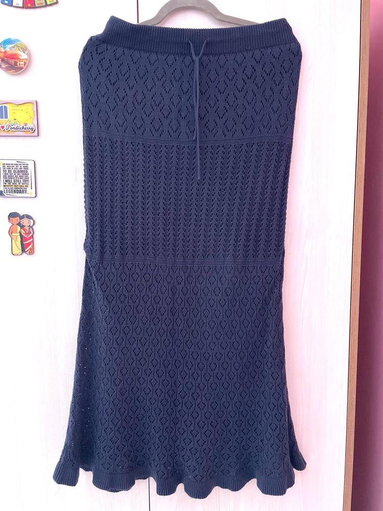 GU Navy Blue Knitted Flared Vintage Skirt