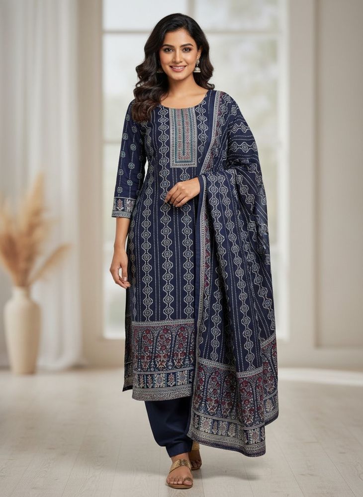 Navy Blue Printed Salwar Kameez Suit