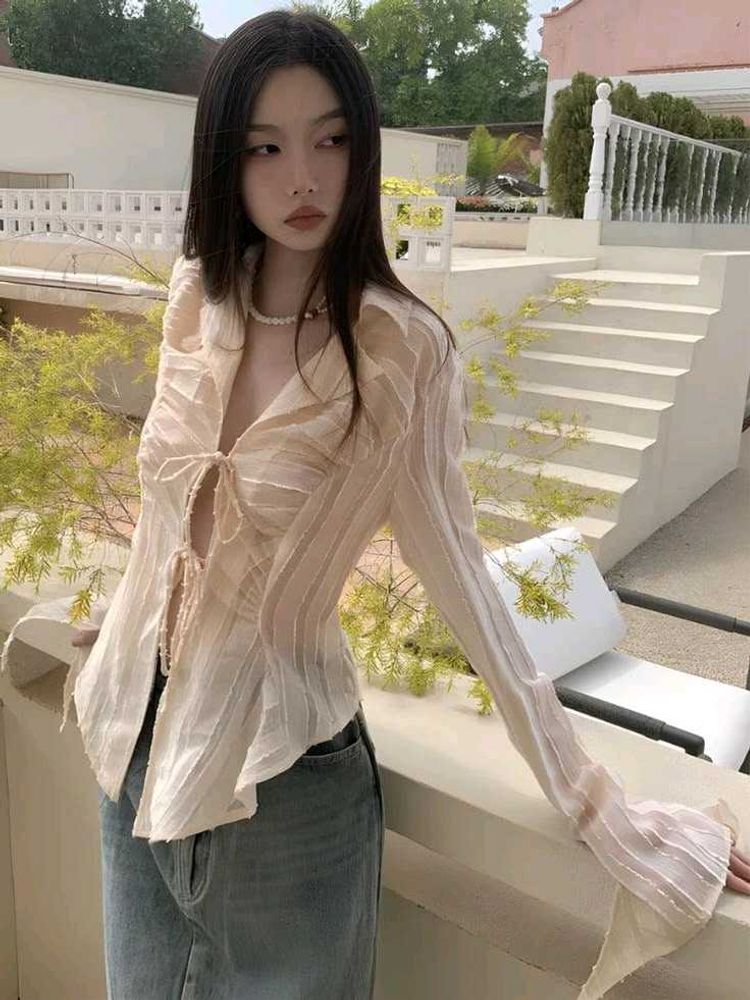 .𖥔 ݁ ˖Textured Lace-Up Blouse ⭐