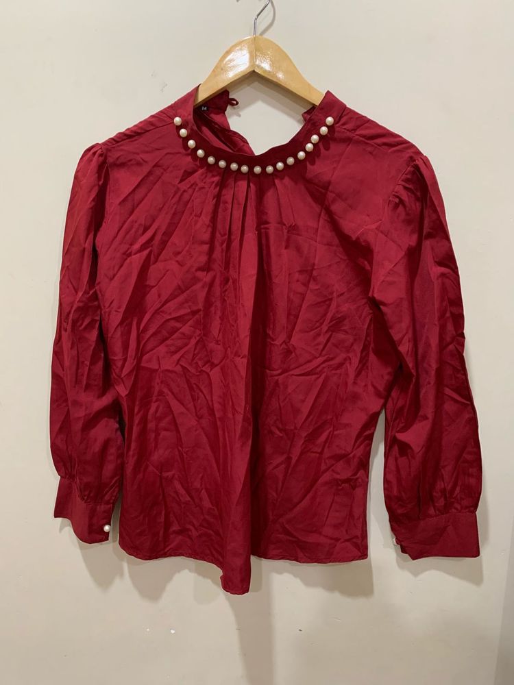 Elegant Pearl Neckline Red Blouse