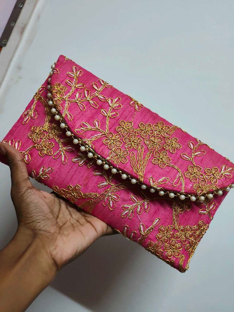 Pink Embroidered Clutch with Pearls
