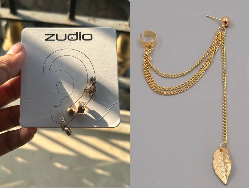 Comboo Of Gold Drop Leaf Tassel Ear Cuffs &amp; Studs