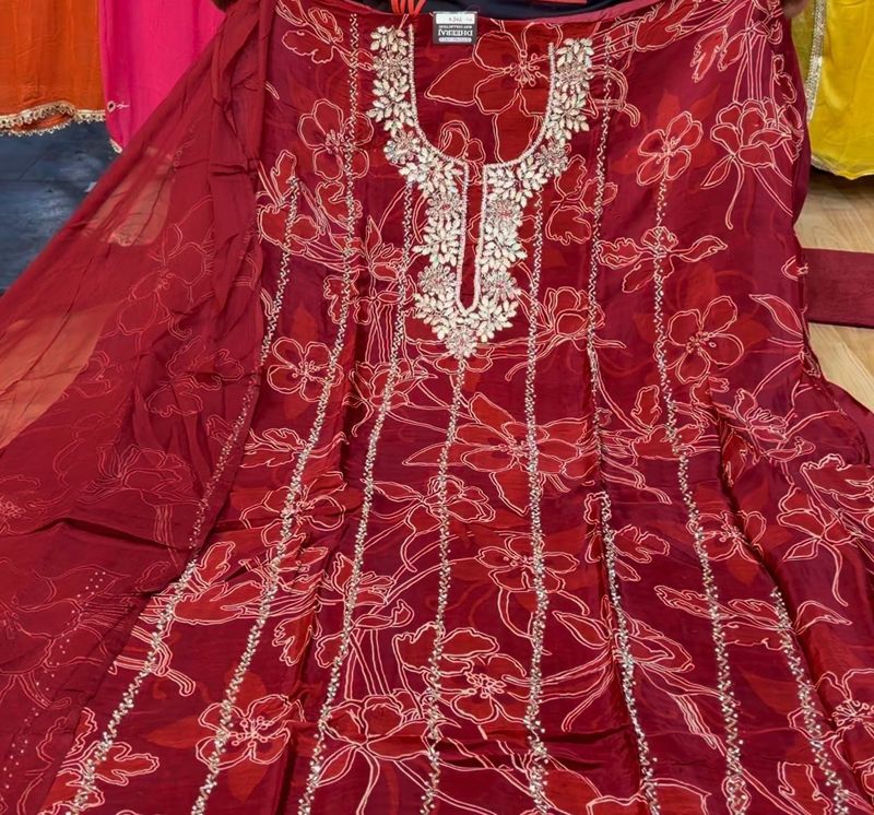 Embroidered Red Floral Kurta Set