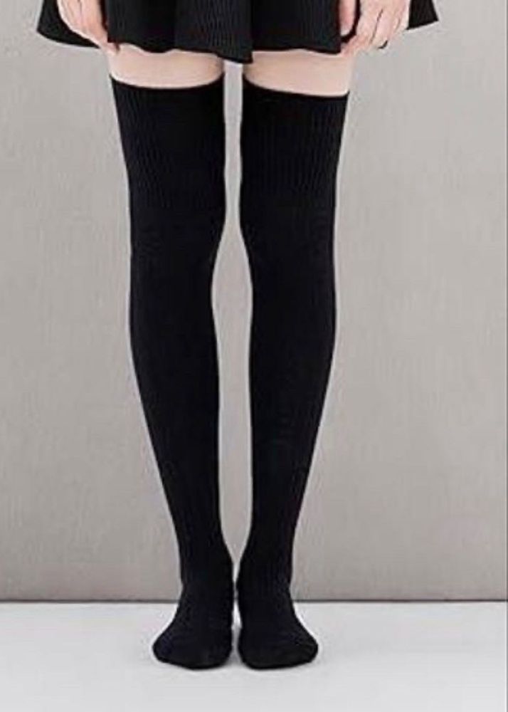 Black Thigh-High Ribbed Socks