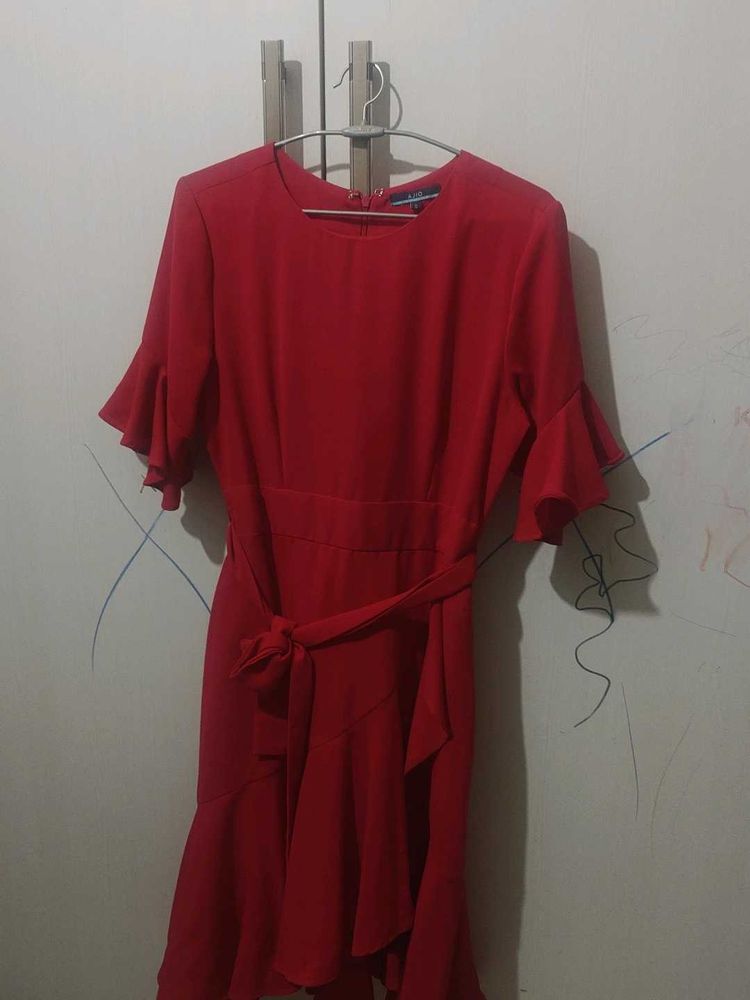 Elegant Red Ruffle Sleeve Wrap Dress