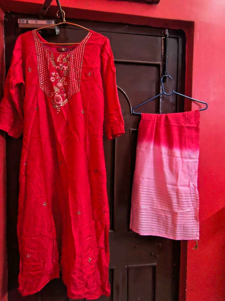Red Embroidered Kurta Set with dupatta