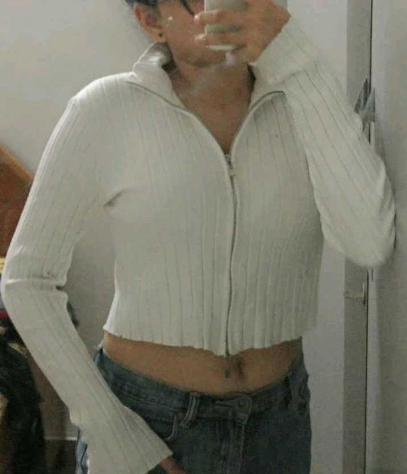 White Ribbed Zip-Up Sweater