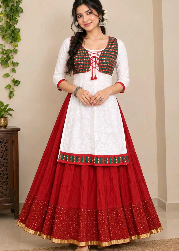 Red Skirt with White Kurti &amp; Jacket Set