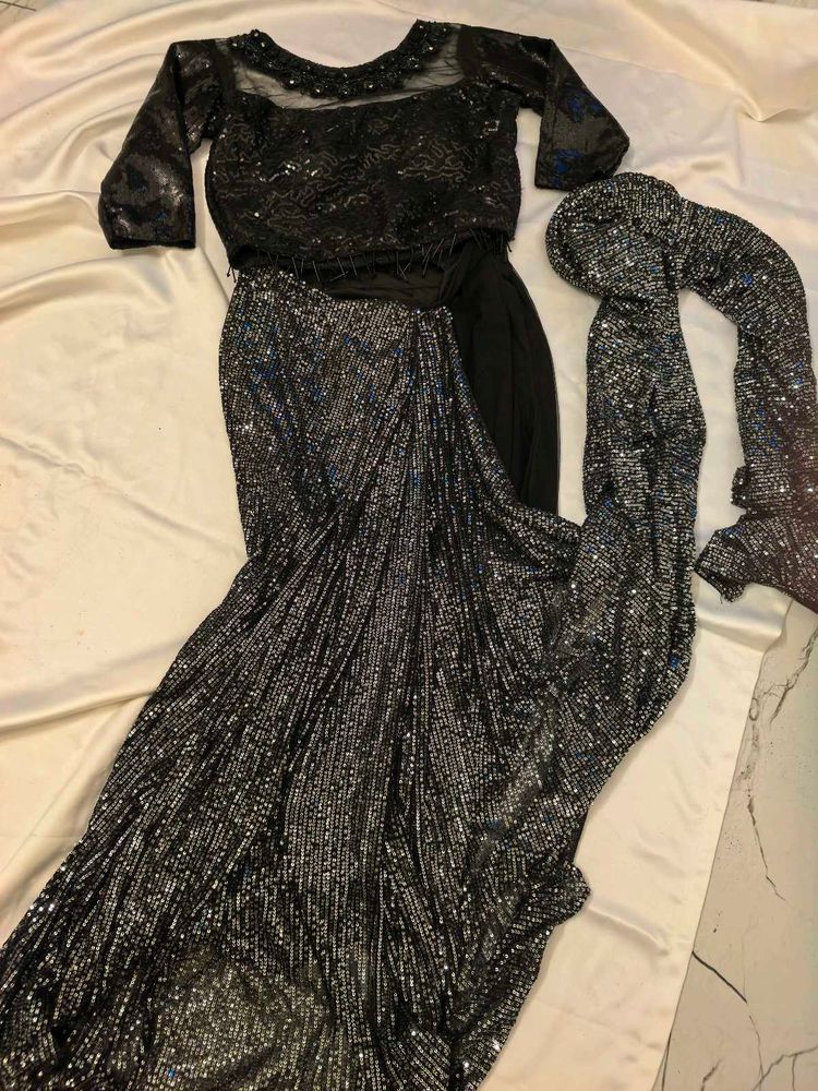 Stunning Black Sequined Saree with Blouse ready to