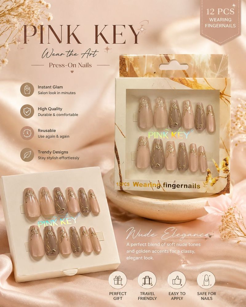 Pink Key Press-On Nails - Nude Elegance