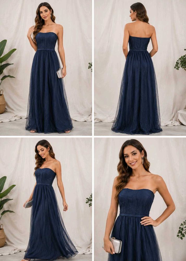 Elegant Navy Blue Strapless Tulle Gown