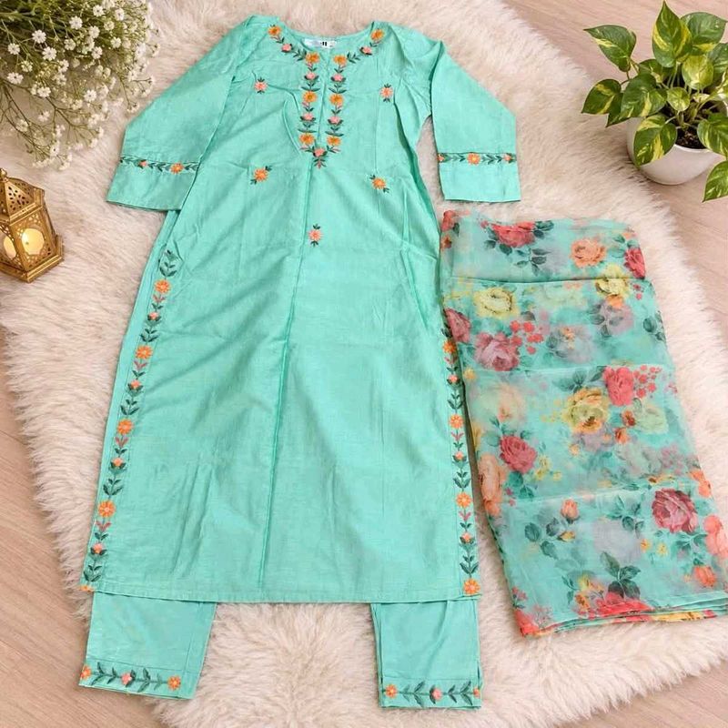 Embroidered Teal Kurta Set with Dupatta
