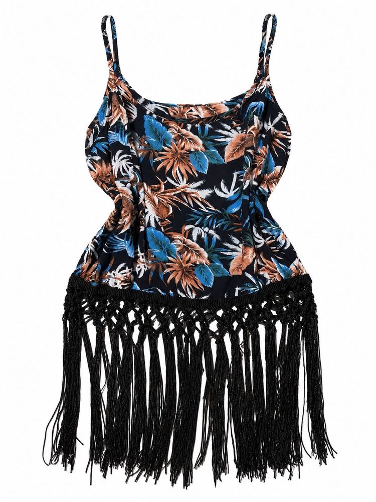 Boho Tropical Print Fringe Cami Top