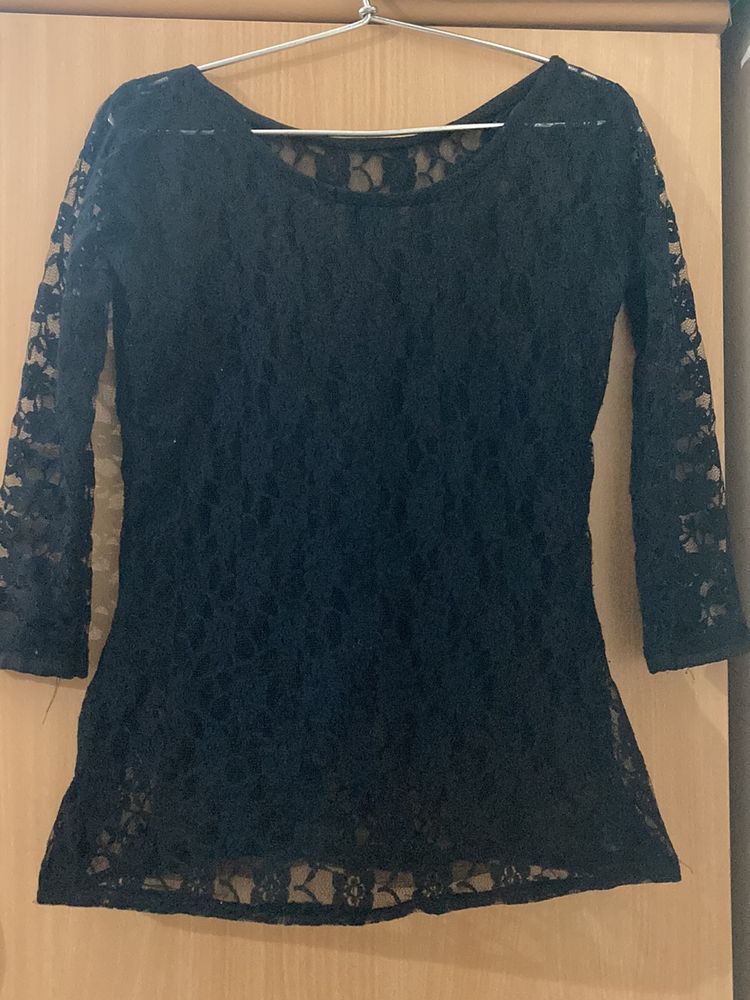 Black Net Party Wear Top, Size Small