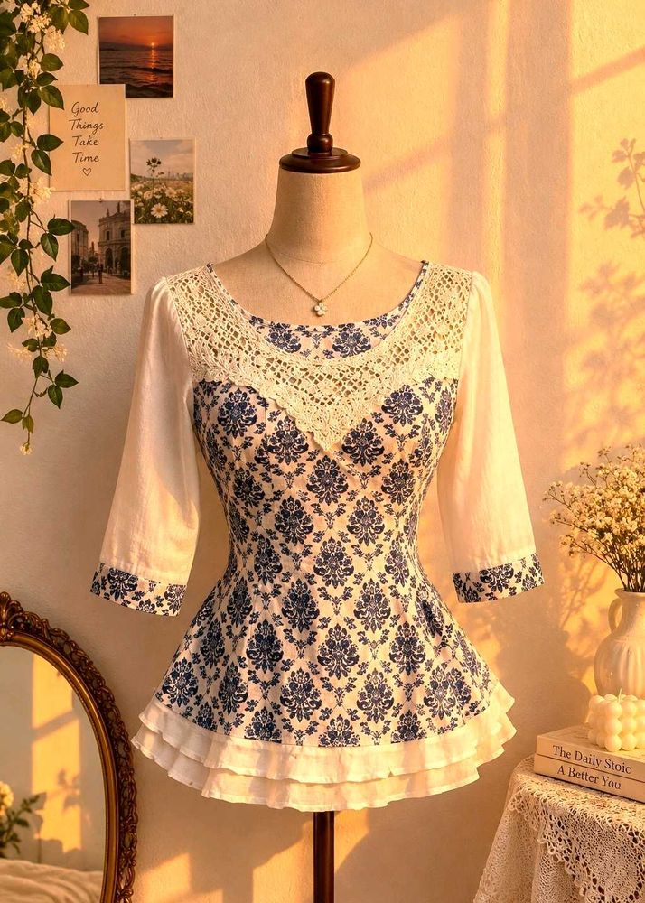 🎀✨Vintage Floral Blue &amp; White Peplum Top