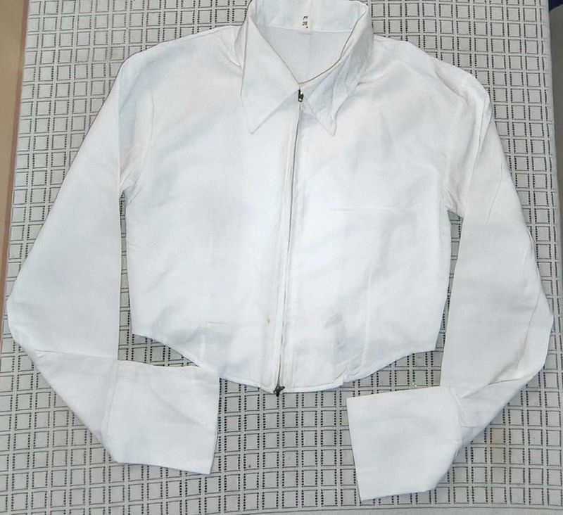 White Cropped Zip-Up Shirt