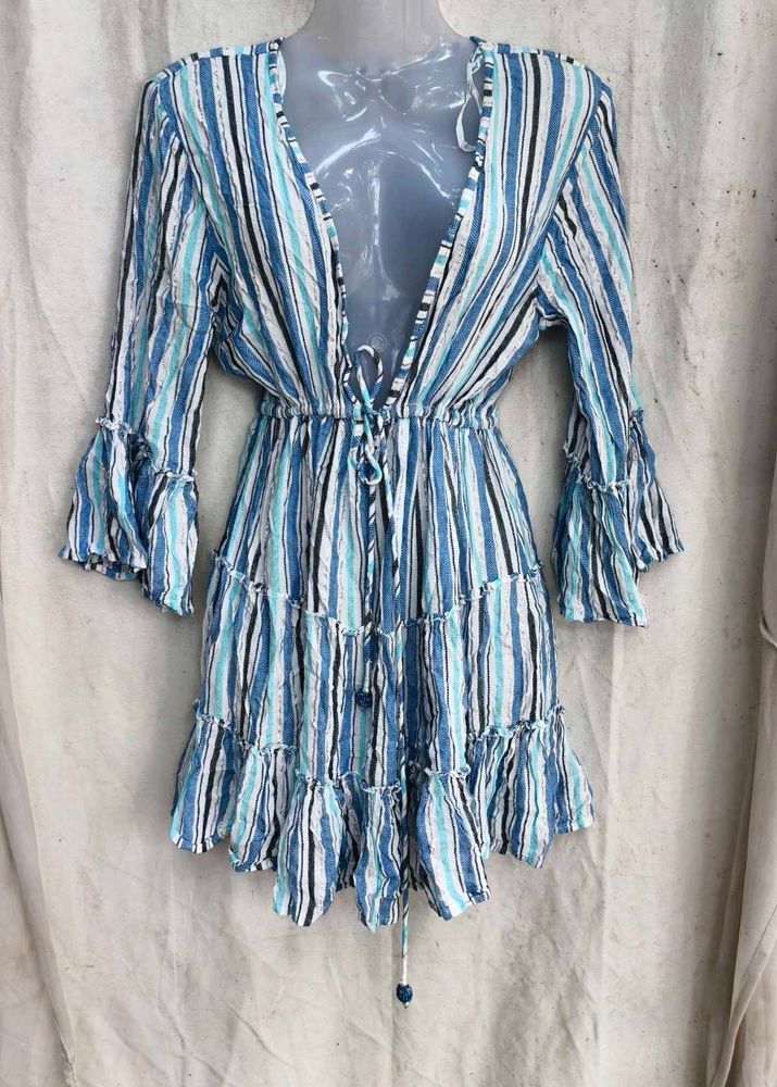 439. Blue Striped Ruffle Mini Dress