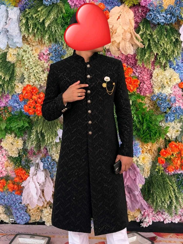 Men's Black Embroidered Sherwani Style Kurta