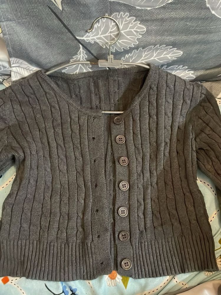 Cropped Grey Cable Knit Button-Up Cardigan