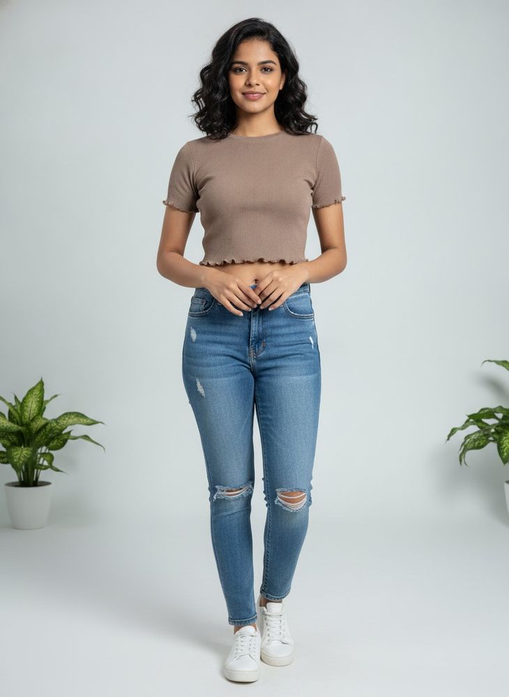 Casual Brown ribbed crop top