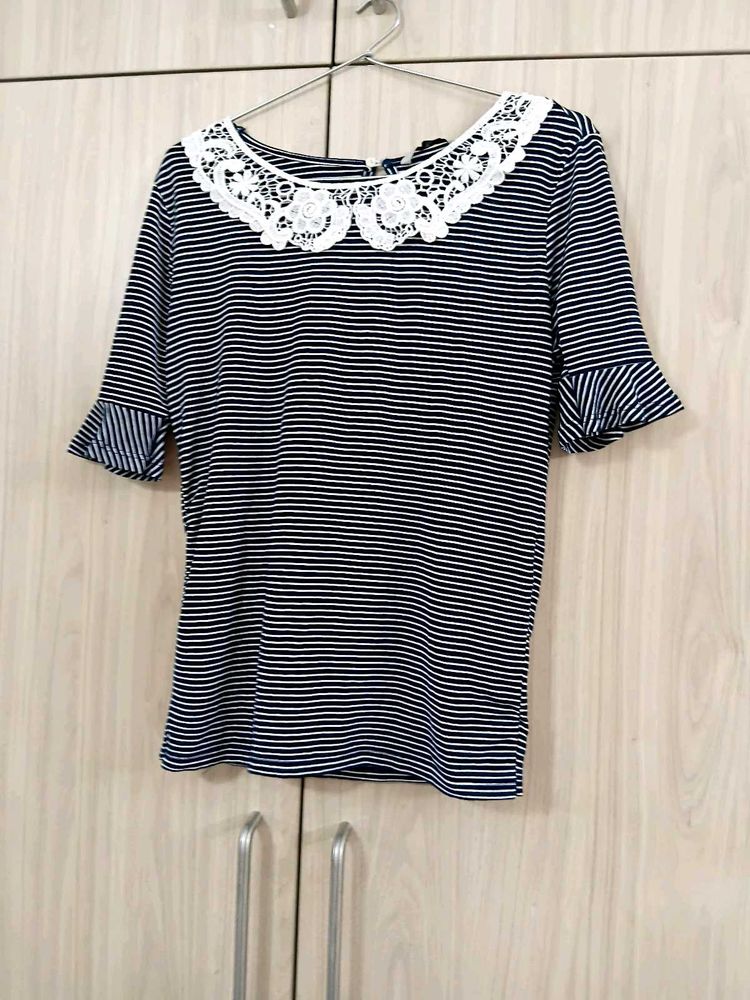 Striped Top with Lace Collar