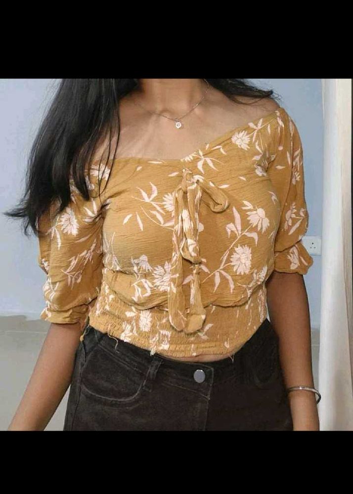 Yellow Floral Off-Shoulder Tie-Front Top